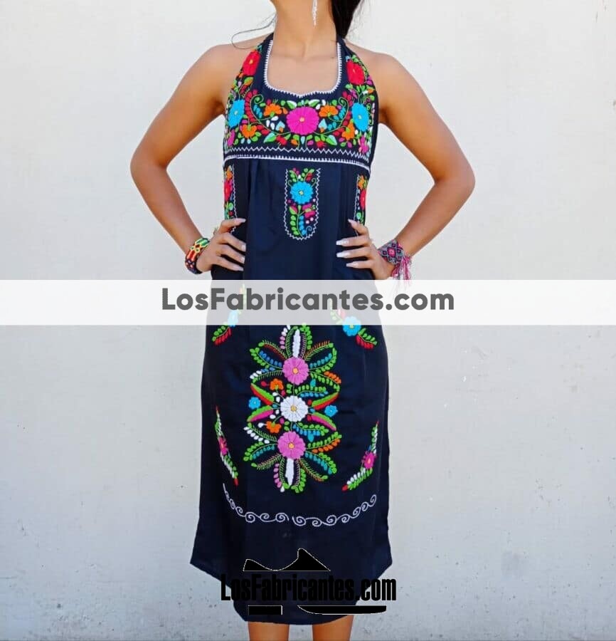 rj00515 Vestido bordado a mano tipo chanel de manta color negro artesanal  mexicano para mujer hecho en Chiapas mayoreo fabrica 