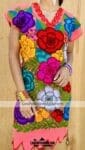 rj00507 Vestido artesanal bordado de flores al azar color melon mayoreo fabricante proveedor taller maquilador (1)