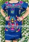 rj00533 Vestido de manta color azul bordado a mano con diseño de flores artesanal mujer mayoreo fabricante proveedor ropa taller maquilador