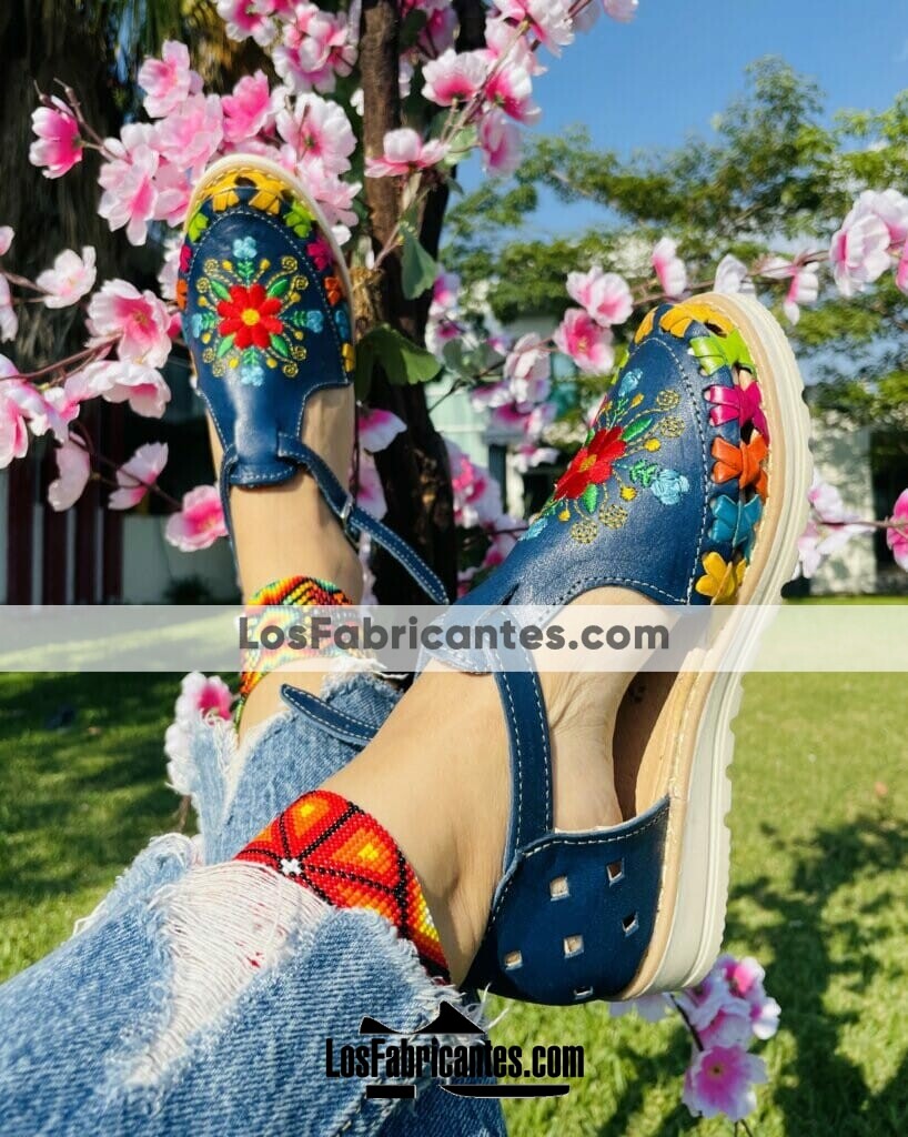 Ze00002 Huaraches Artesanales Piso Para Mujer Azul Flores Bordadas Mayoreo Fabricante Calzado (1)
