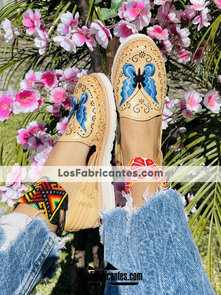 Ze 00058 Huaraches Artesanales Piso Para Mujer Tan Mariposa Azul Bordada Fabricante Calzado Mayoreo (2)