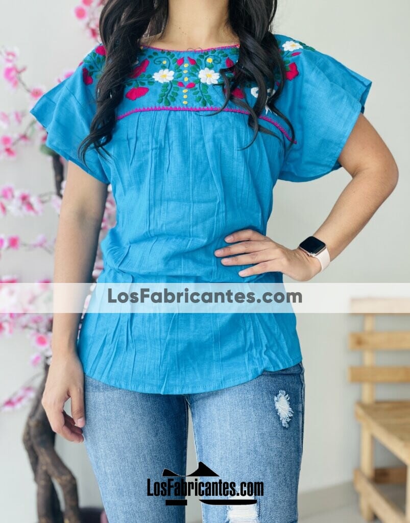 Rj00677 Blusa Artesanal Mexicano Mujer Hecho En Chiapas De Manta Color Azul Bordada A Mano Mayoreo (1)